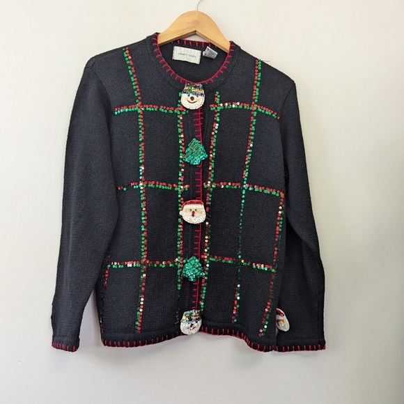 Vintage 90s Sequin Button Christmas Sweater Ugly Christmas Teacher Retro - Picture 2 of 12